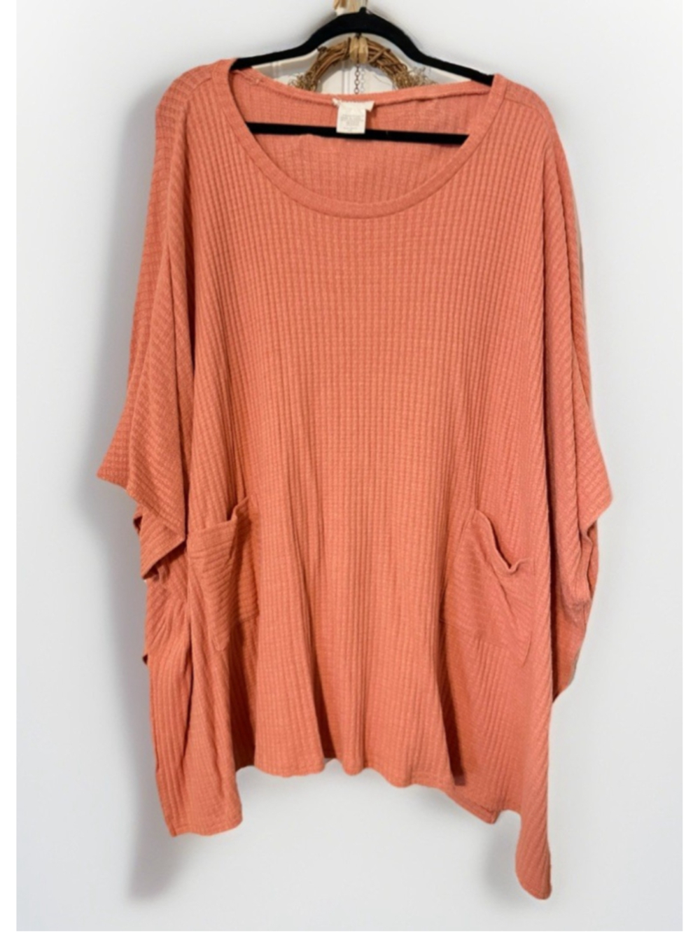 Heyson Oversized Waffle Knit Tunic Top 1X Coral Boho Dolman Sleeve Pockets
